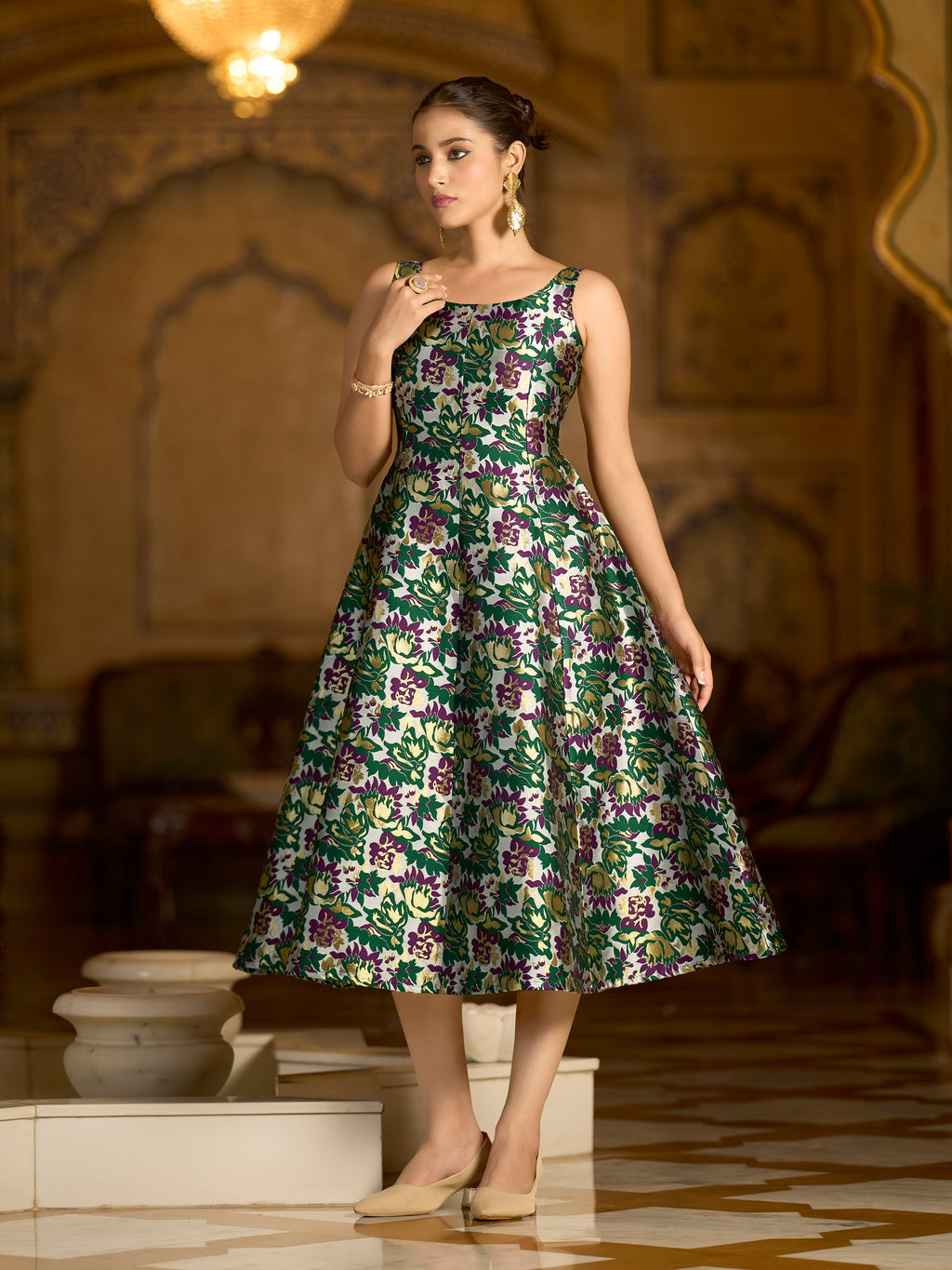 Monjolika Fashion Green Jacquard Woven Floral Fit & Flare Midi Dress