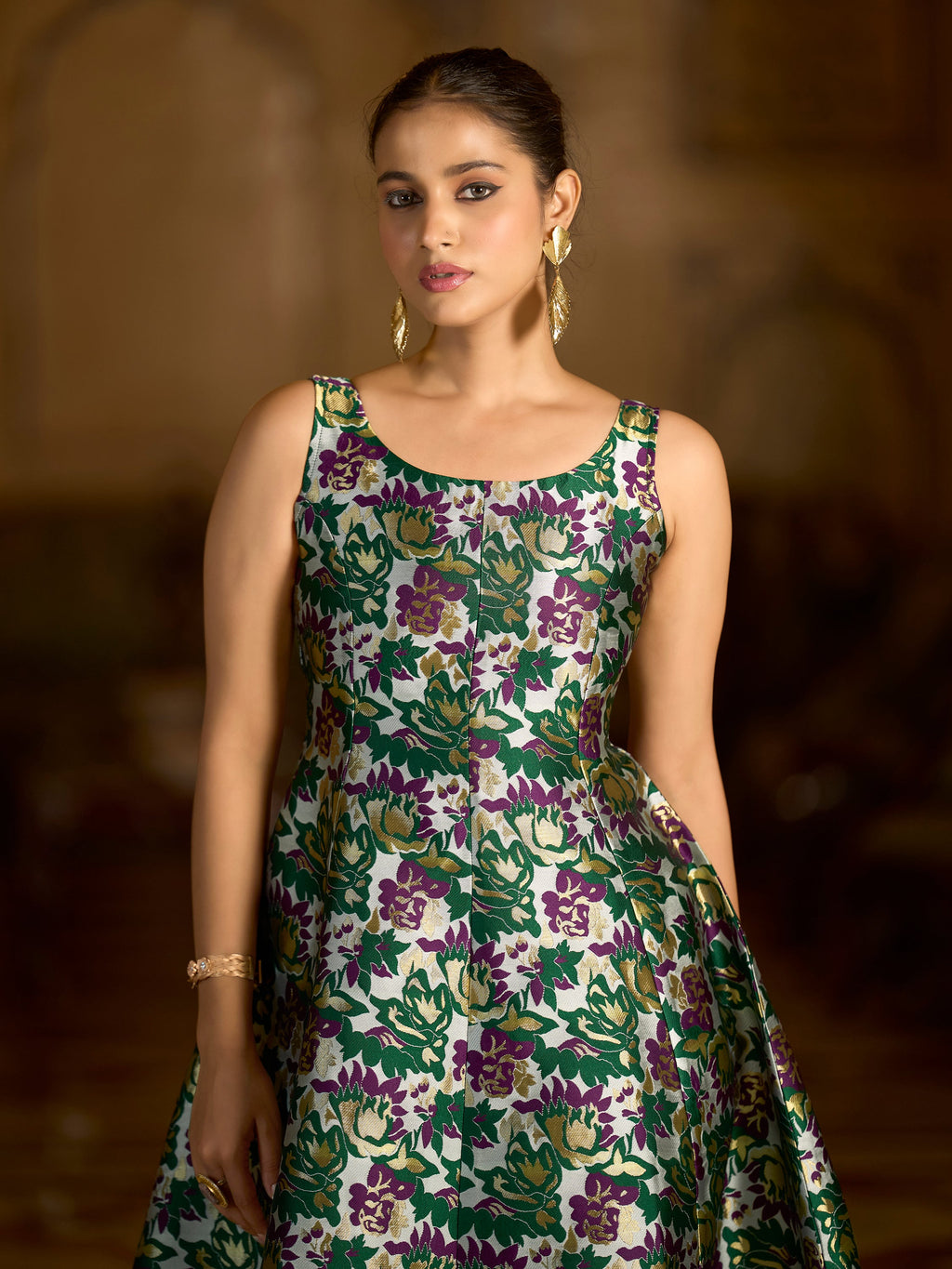 Monjolika Fashion Green Jacquard Woven Floral Fit & Flare Midi Dress