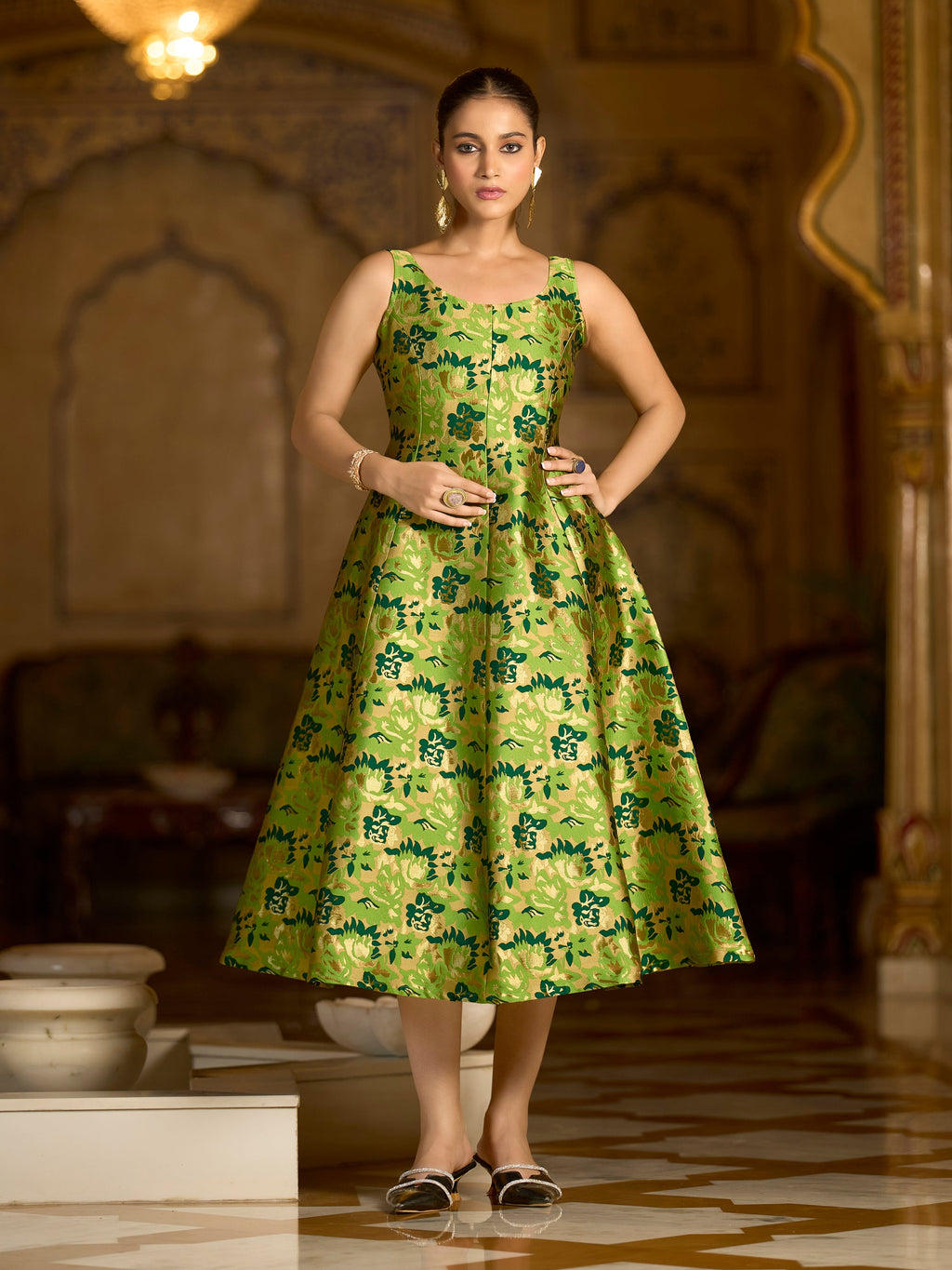 Monjolika Fashion Parrot Green Jacquard Woven Floral Fit & Flare Midi Dress