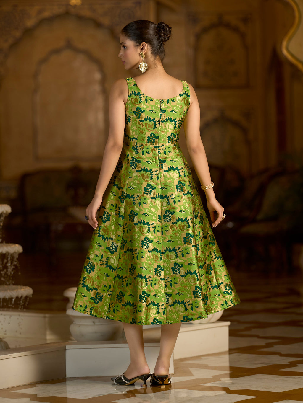 Monjolika Fashion Parrot Green Jacquard Woven Floral Fit & Flare Midi Dress