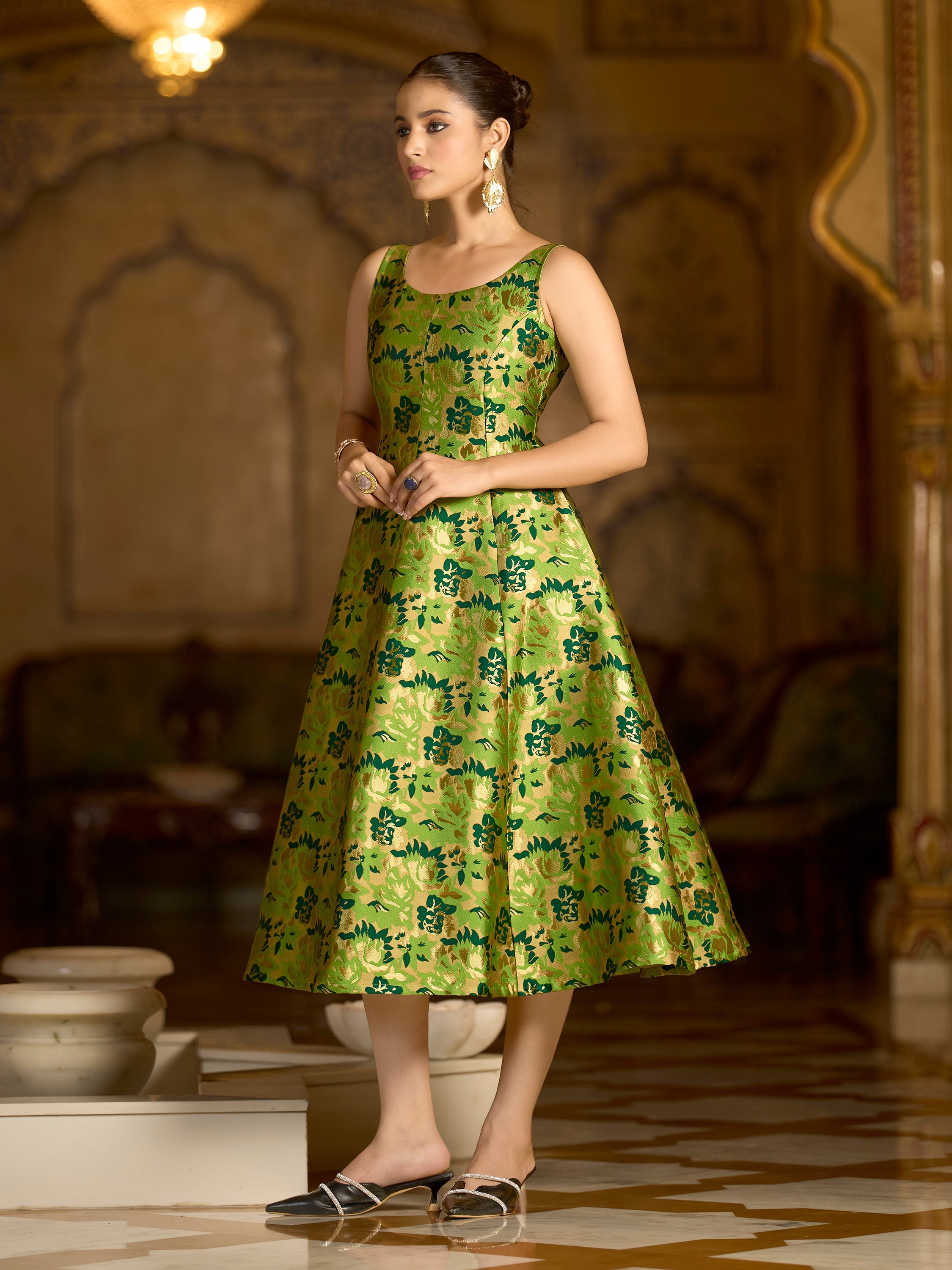 Monjolika Fashion Parrot Green Jacquard Woven Floral Fit & Flare Midi Dress