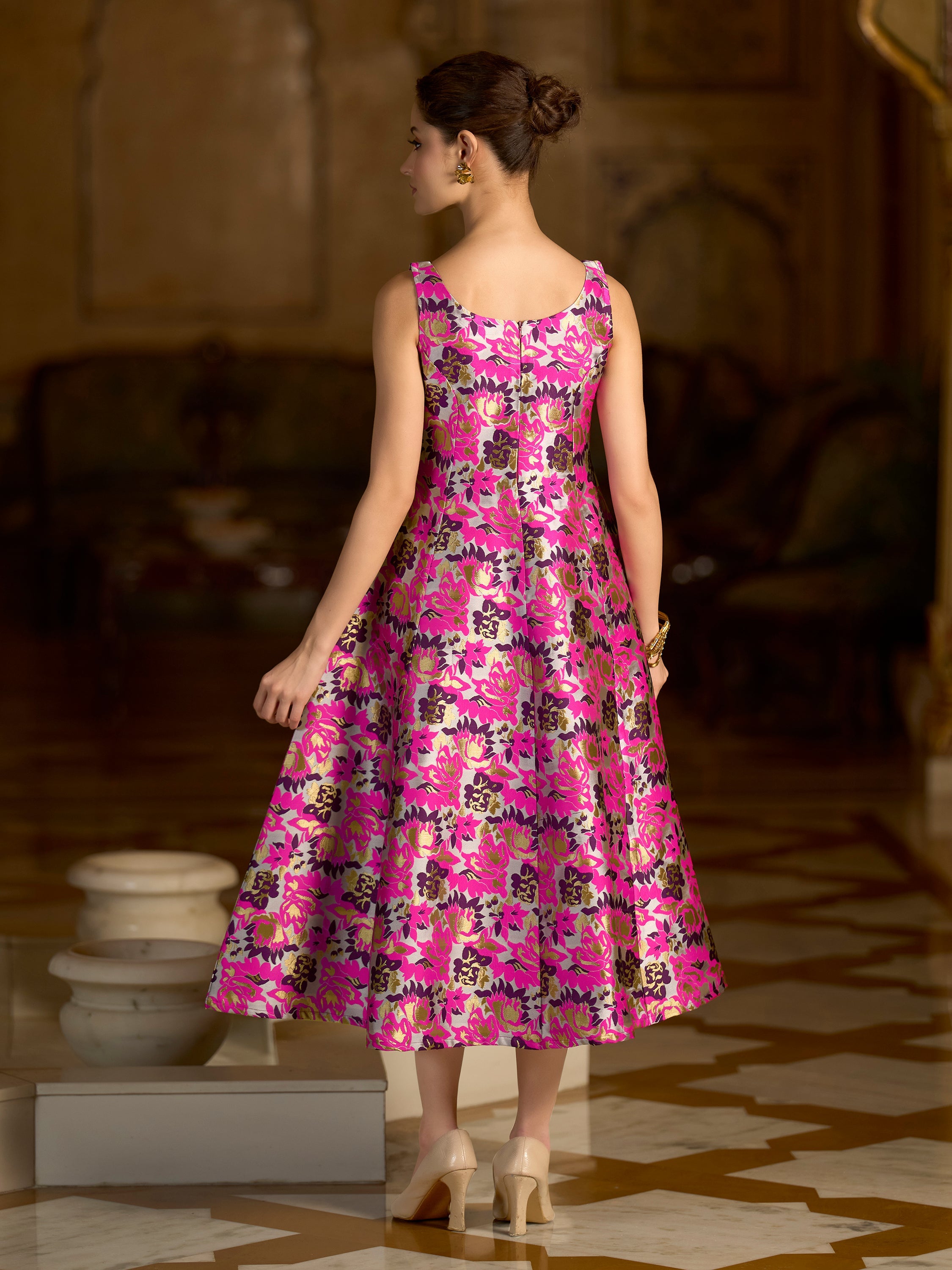 Monjolika Fashion Pink Jacquard Woven Floral Fit & Flare Midi Dress
