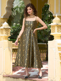 Monjolika Fashion Black Jacquard Zari Weaving A-Line Dress for Women
