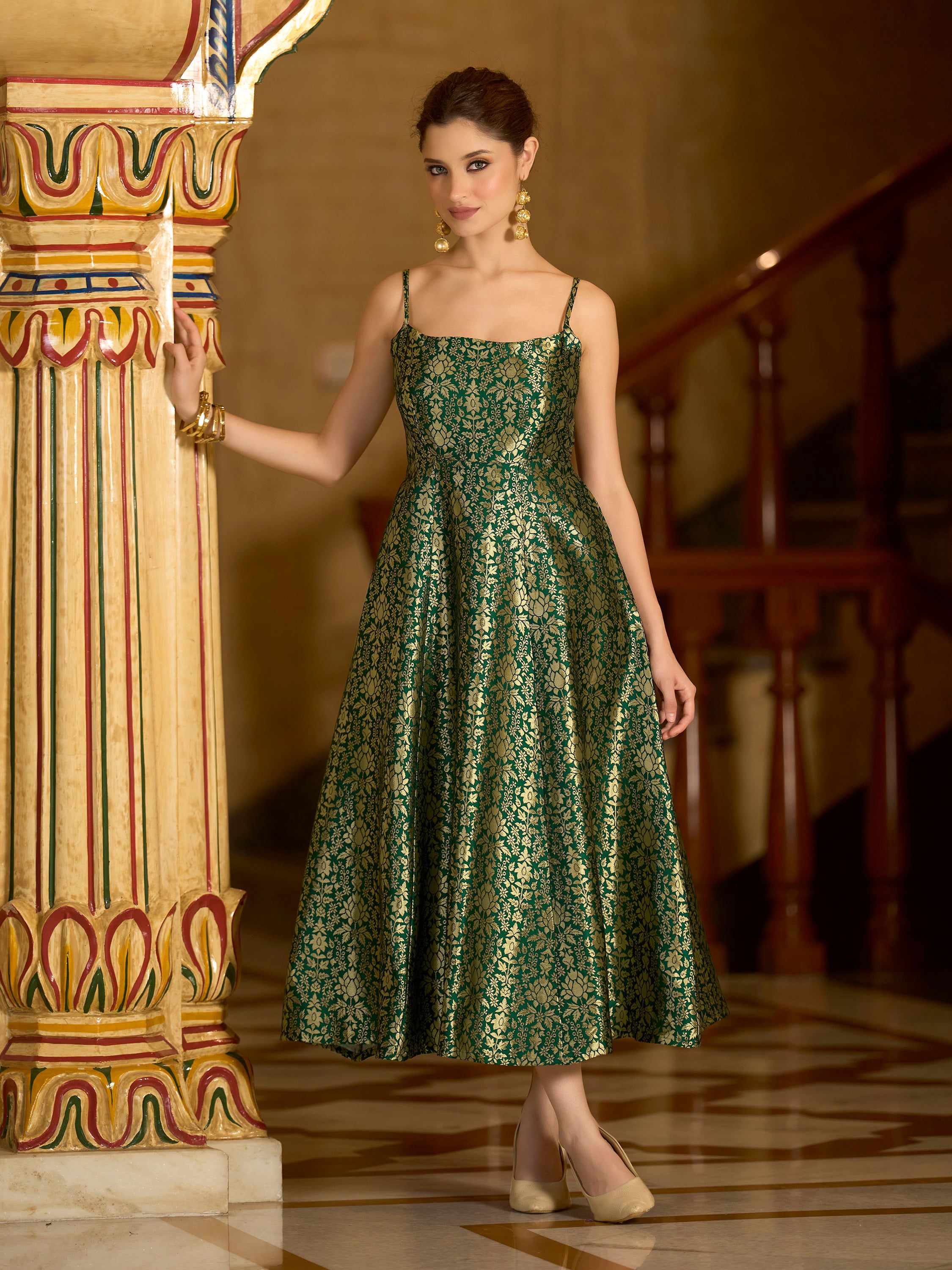 Monjolika Fashion Green Jacquard Zari Weaving A-Line Dress for Women