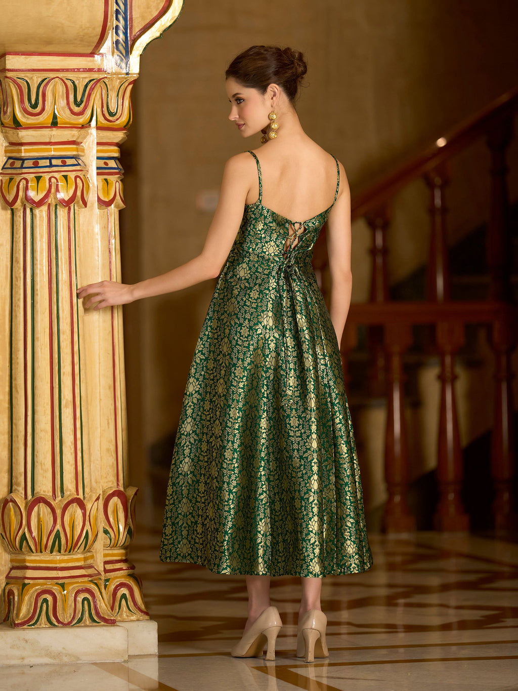 Monjolika Fashion Green Jacquard Zari Weaving A-Line Dress for Women