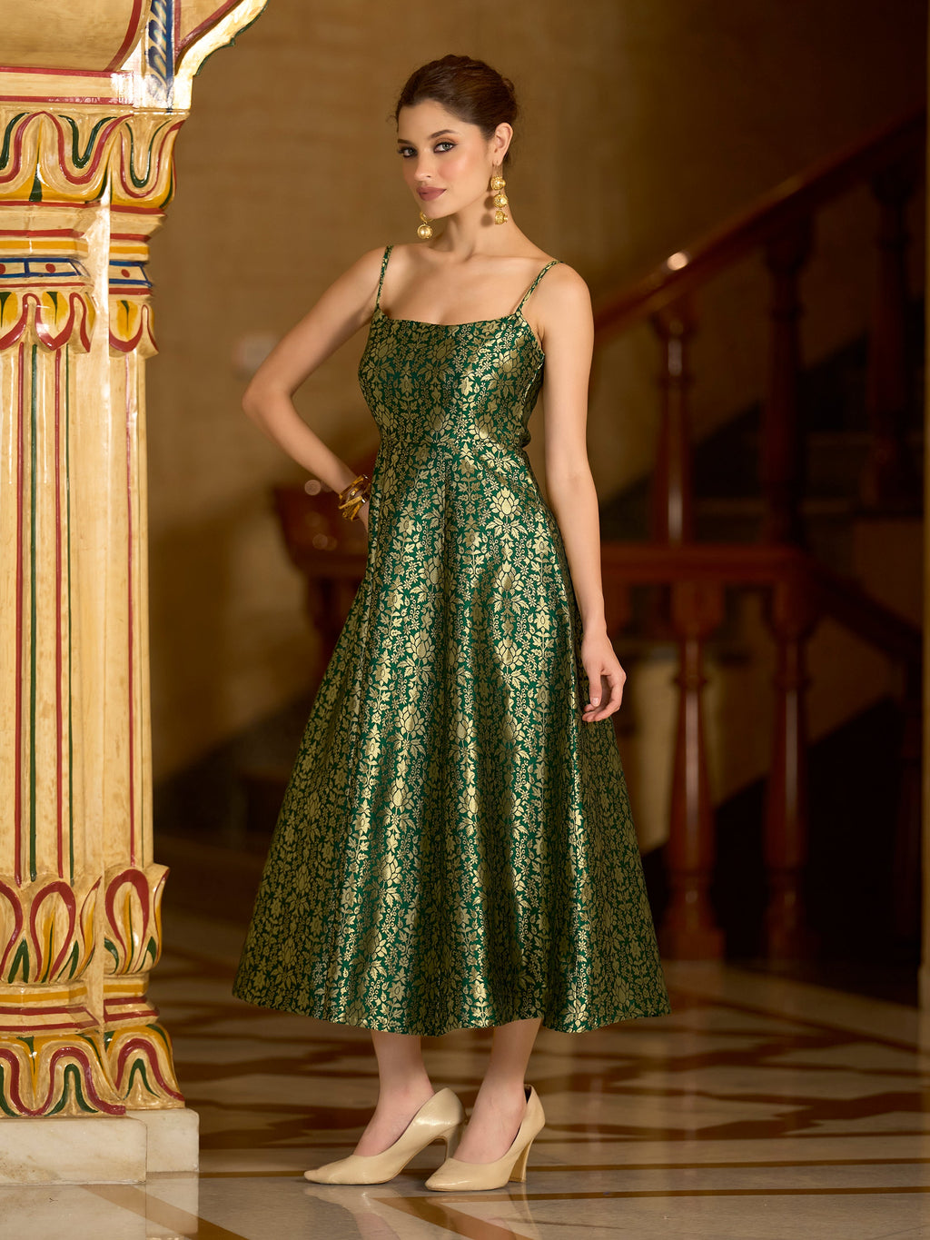 Monjolika Fashion Green Jacquard Zari Weaving A-Line Dress for Women