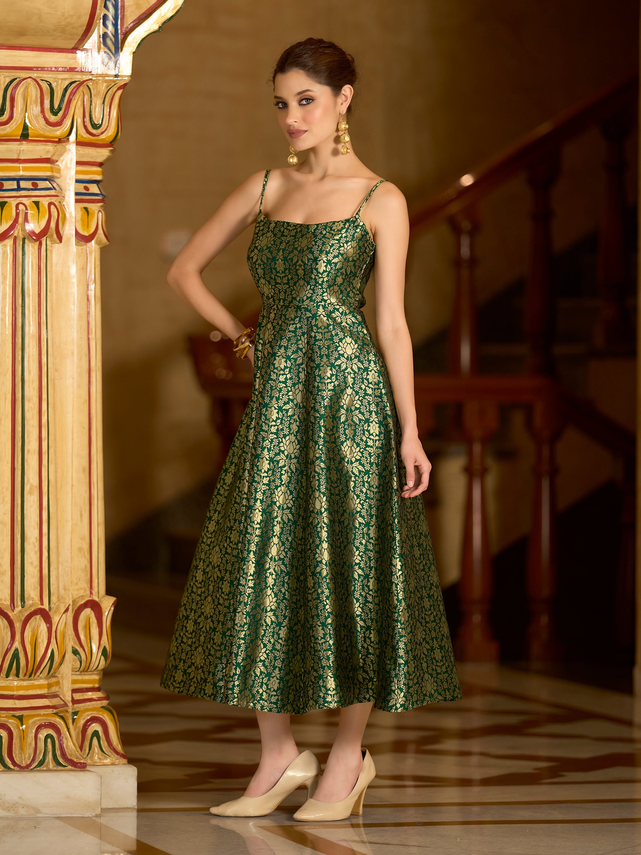 Monjolika Fashion Green Jacquard Zari Weaving A-Line Dress for Women
