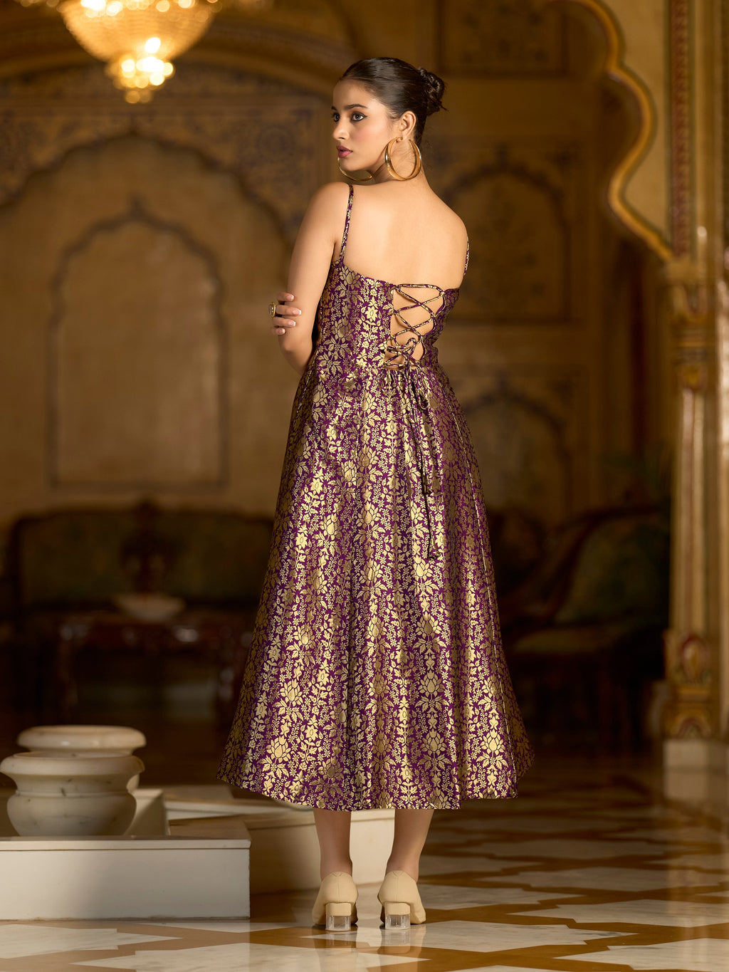 Monjolika Fashion Wine Jacquard Zari Weaving A-Line Dress for Women