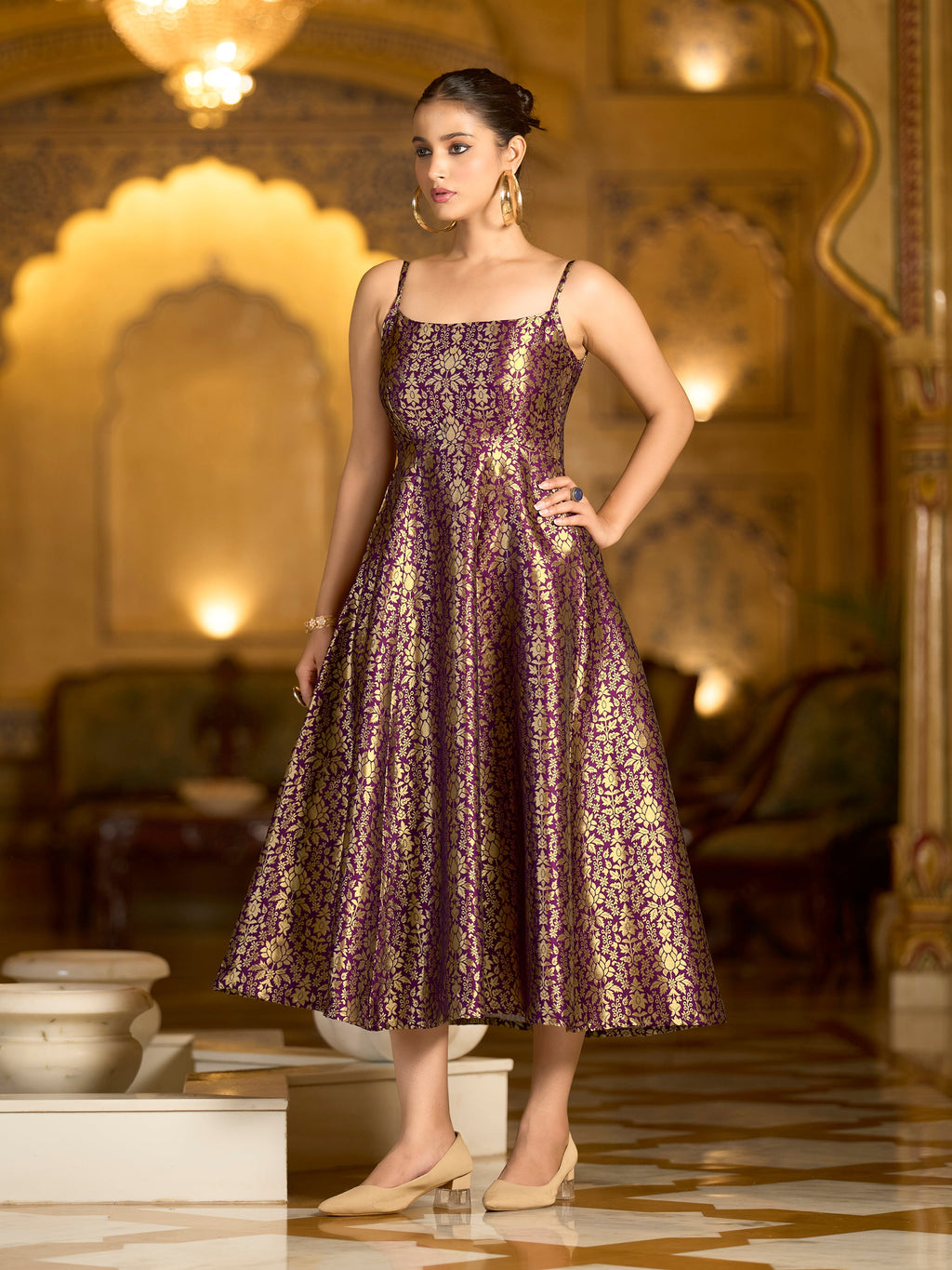Monjolika Fashion Wine Jacquard Zari Weaving A-Line Dress for Women