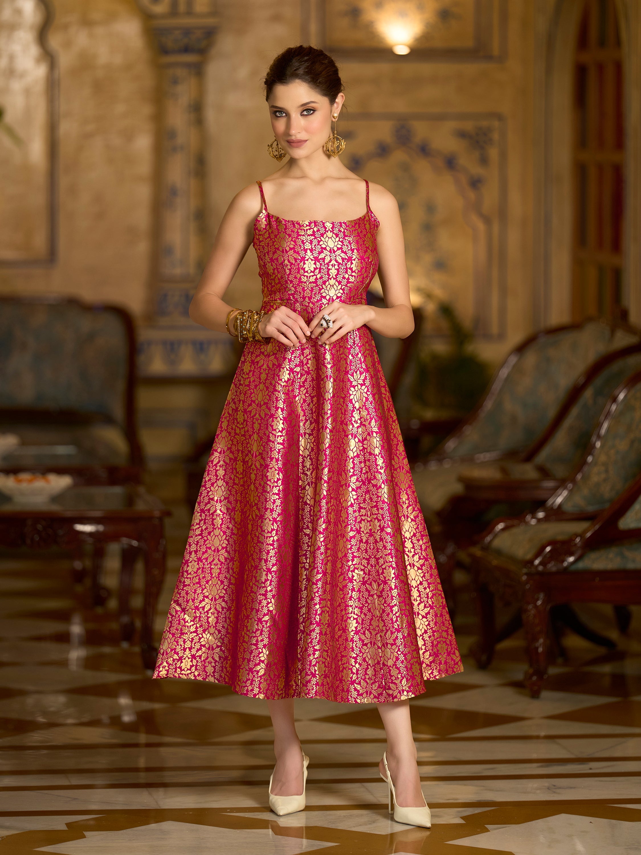Monjolika Fashion Pink Jacquard Zari Weaving A-Line Dress for Women