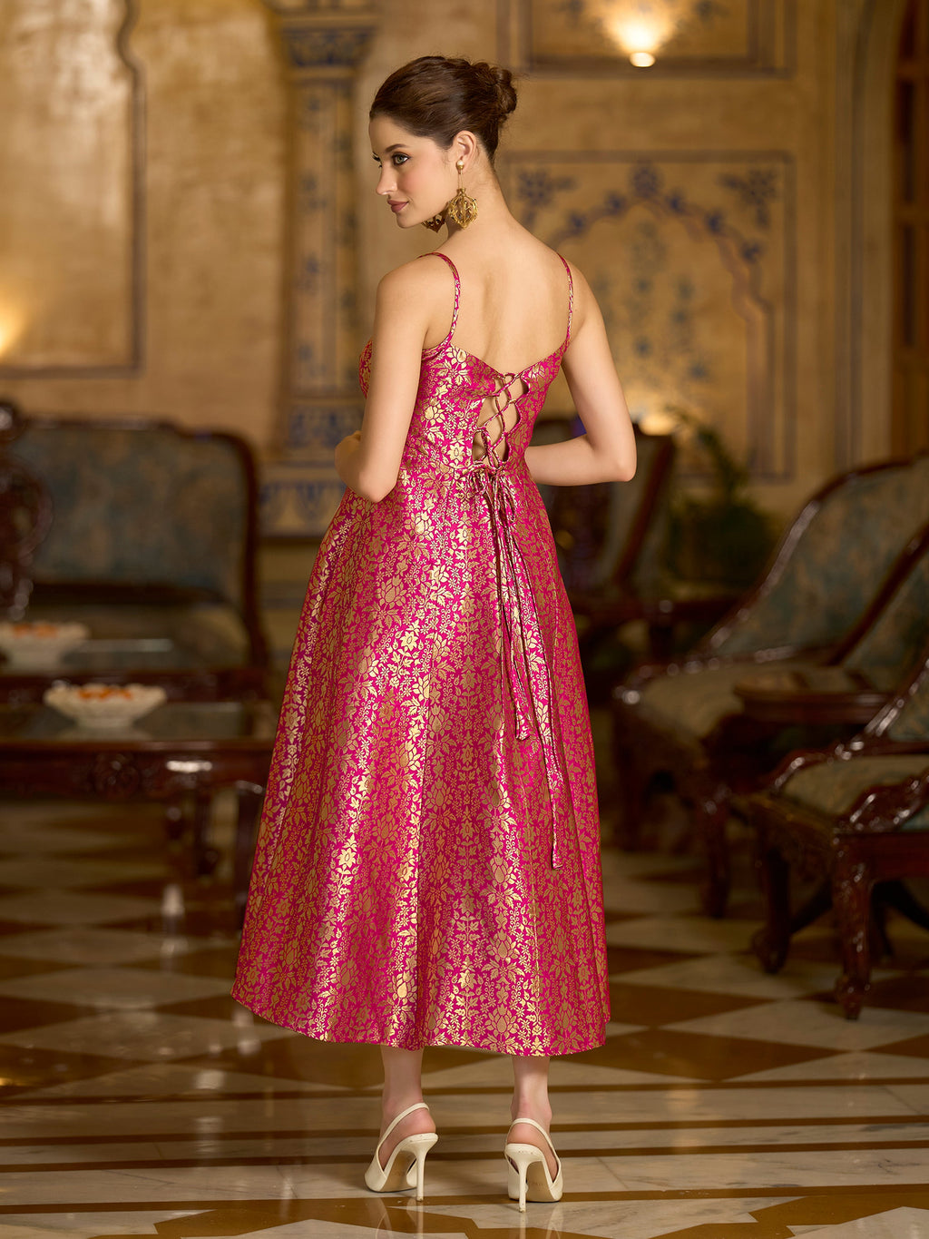 Monjolika Fashion Pink Jacquard Zari Weaving A-Line Dress for Women