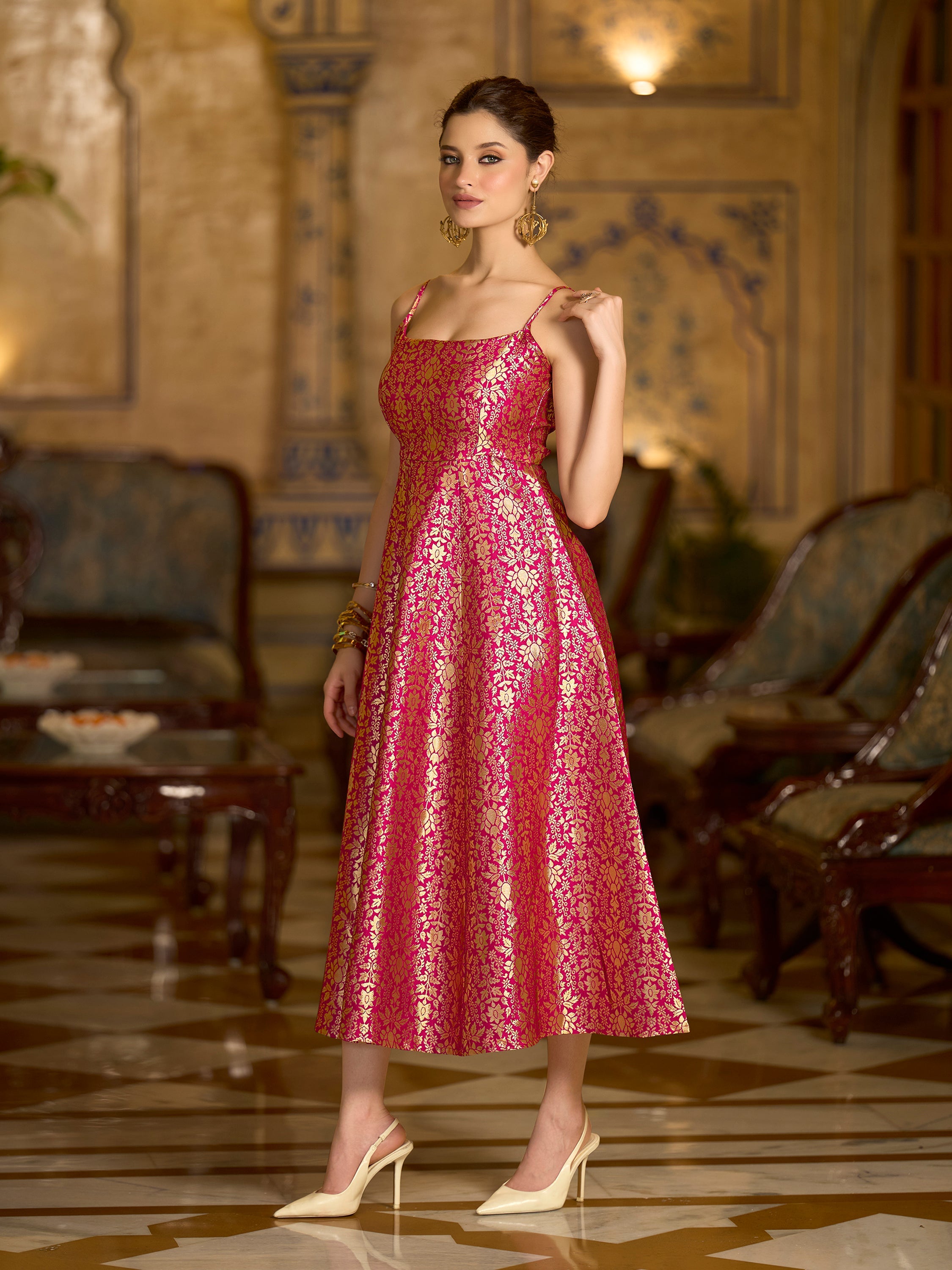Monjolika Fashion Pink Jacquard Zari Weaving A-Line Dress for Women