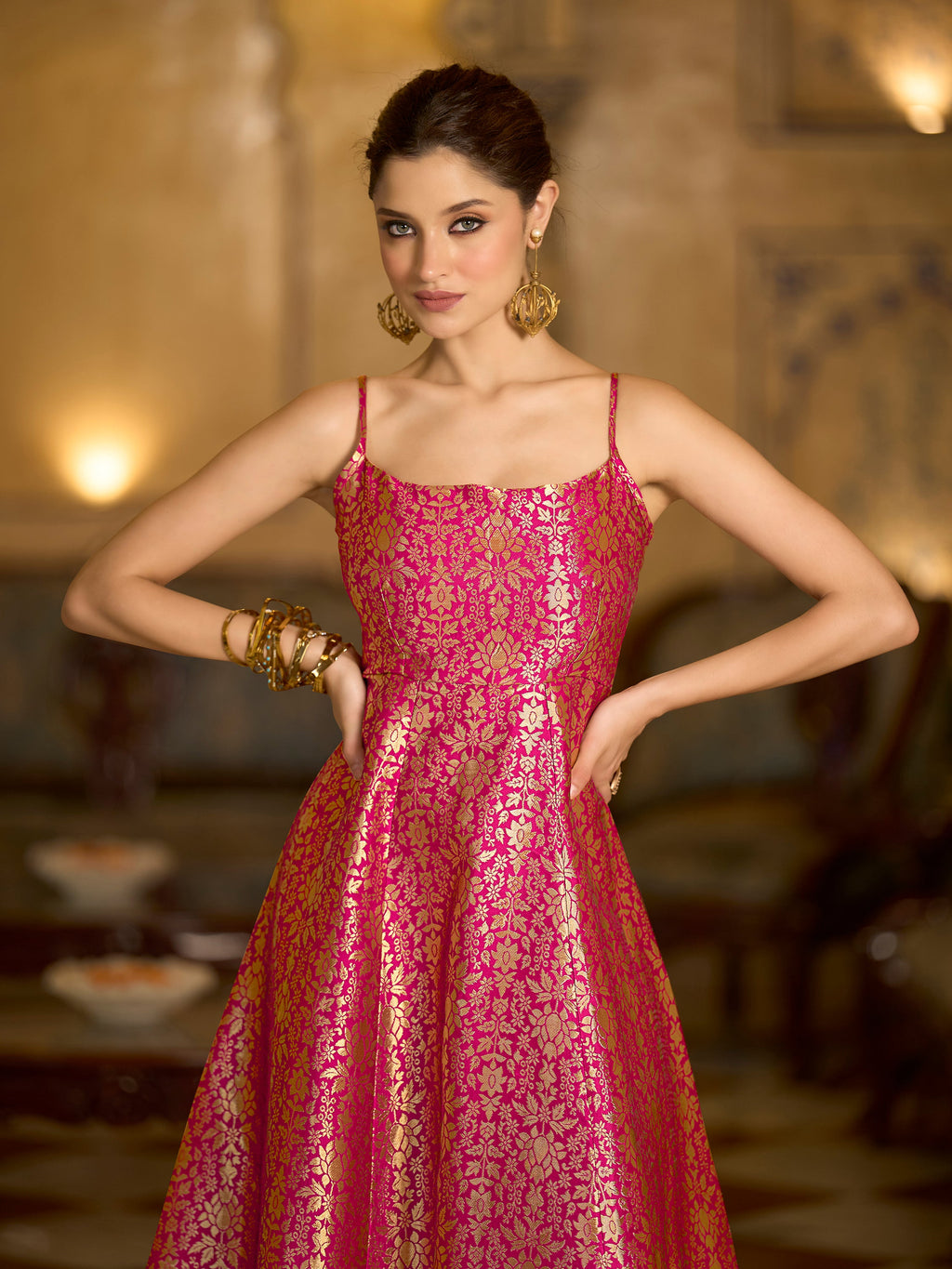 Monjolika Fashion Pink Jacquard Zari Weaving A-Line Dress for Women