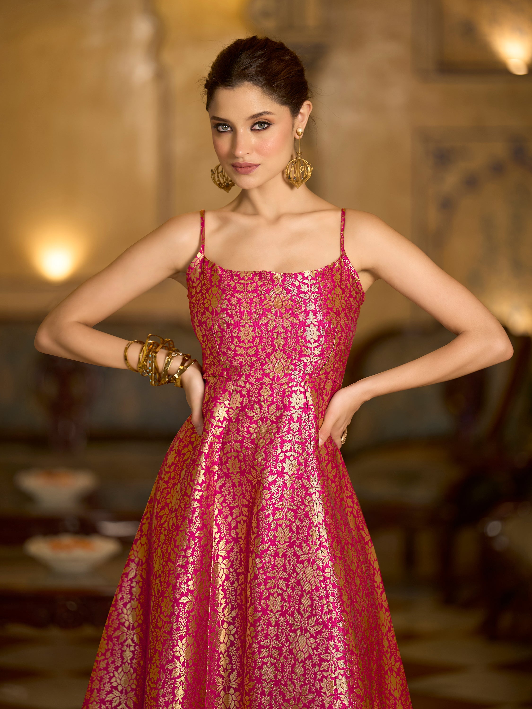 Monjolika Fashion Pink Jacquard Zari Weaving A-Line Dress for Women