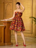Monjolika Fashion Maroon Floral Weaving Zari Jacquard Strapless Mini Dress