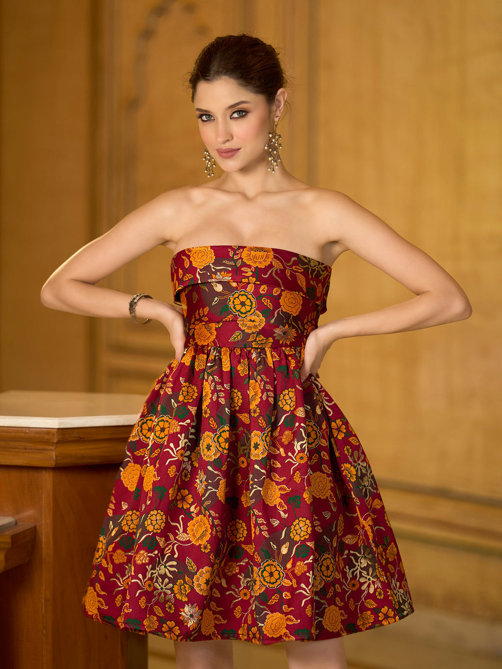 Monjolika Fashion Maroon Floral Weaving Zari Jacquard Strapless Mini Dress
