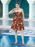 Monjolika Fashion Black Floral Weaving Zari Jacquard Strapless Mini Dress