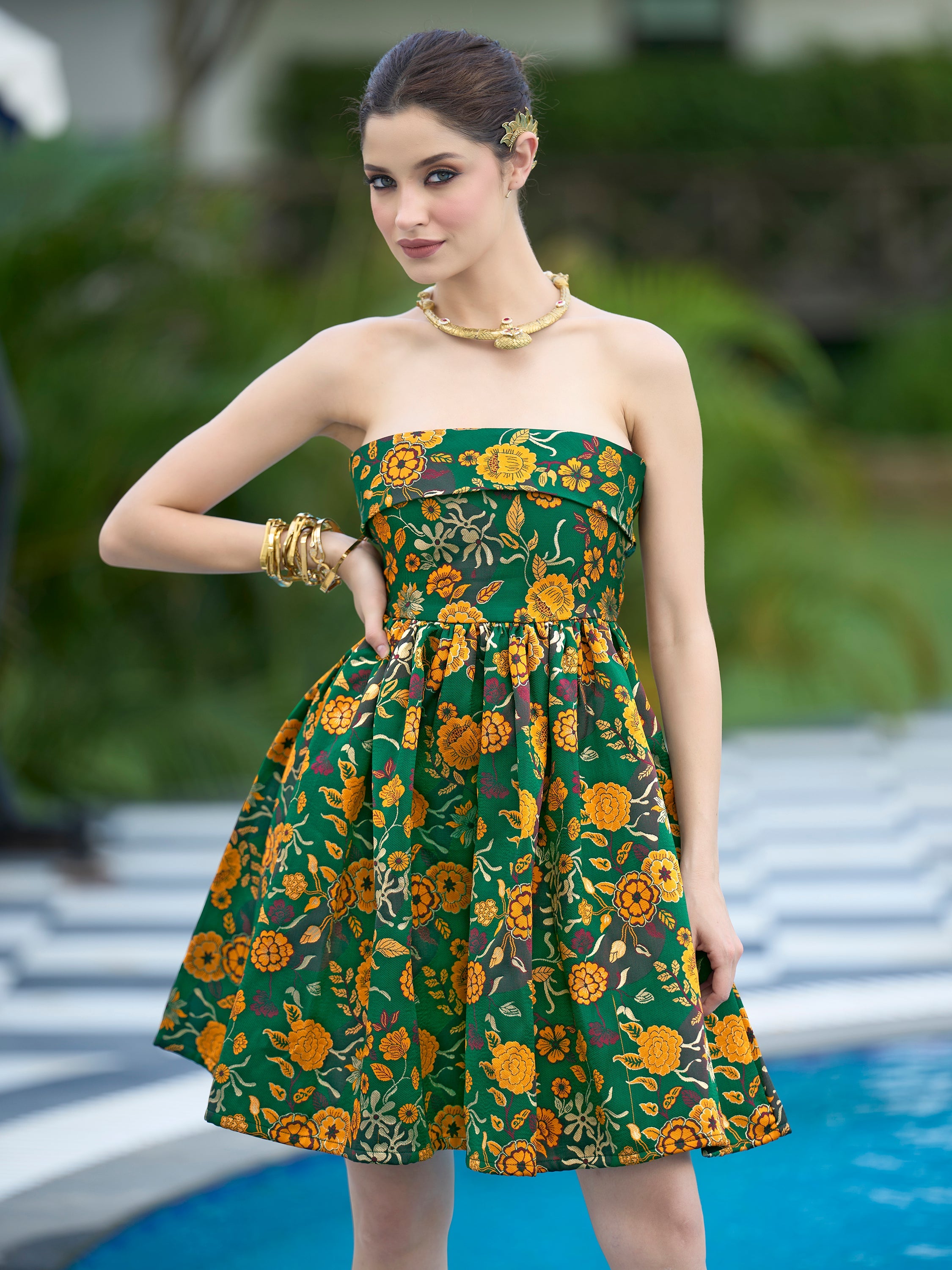 Monjolika Fashion Green Floral Weaving Zari Jacquard Strapless Mini Dress