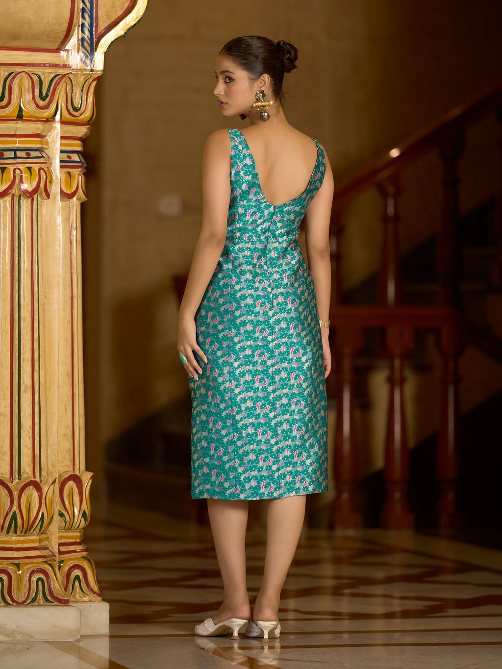 Monjolika Fashion Teal Floral Weaving Zari Jacquard Bodycon Midi Dress With Slit Cut