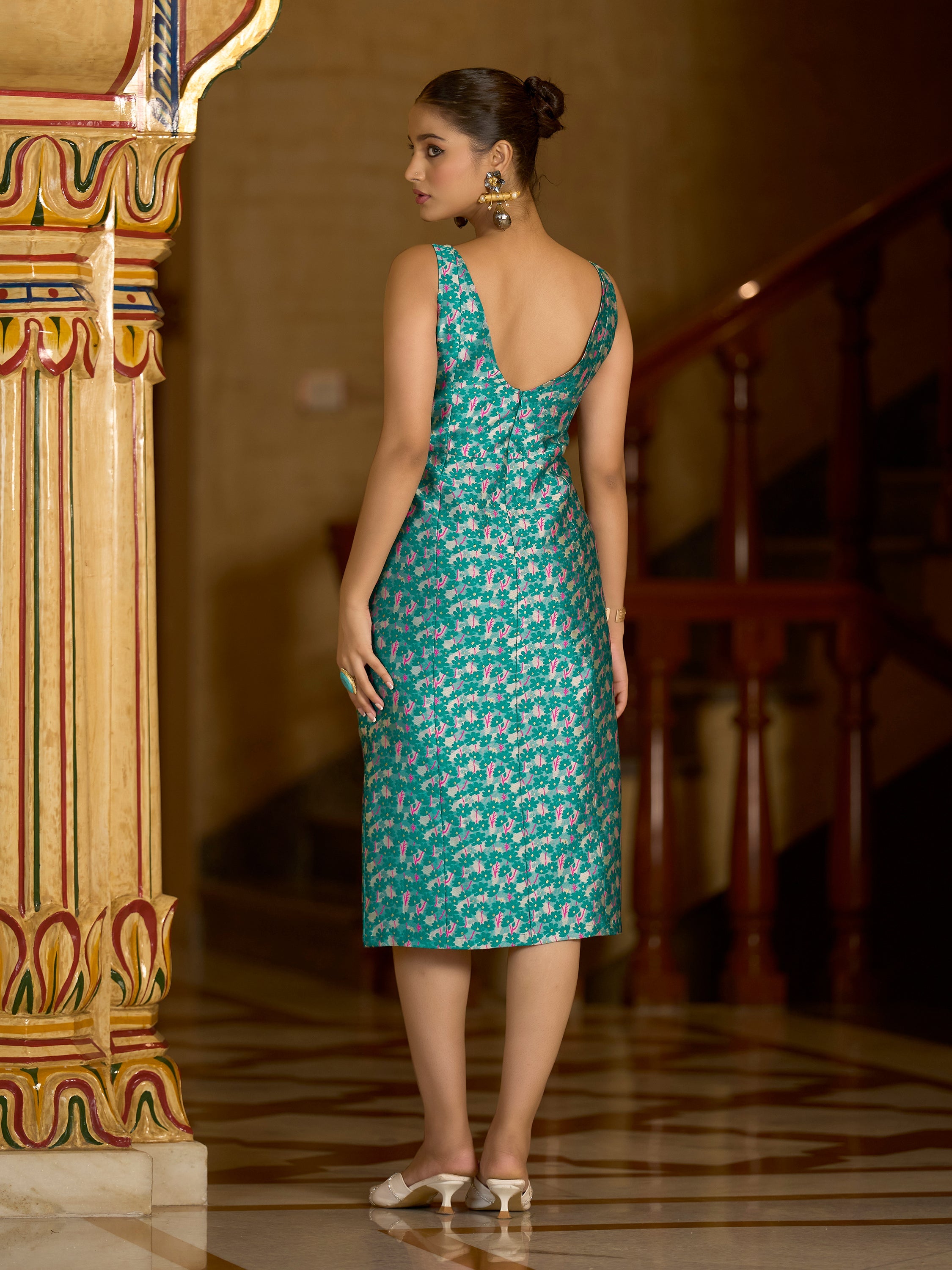 Monjolika Fashion Teal Floral Weaving Zari Jacquard Bodycon Midi Dress With Slit Cut