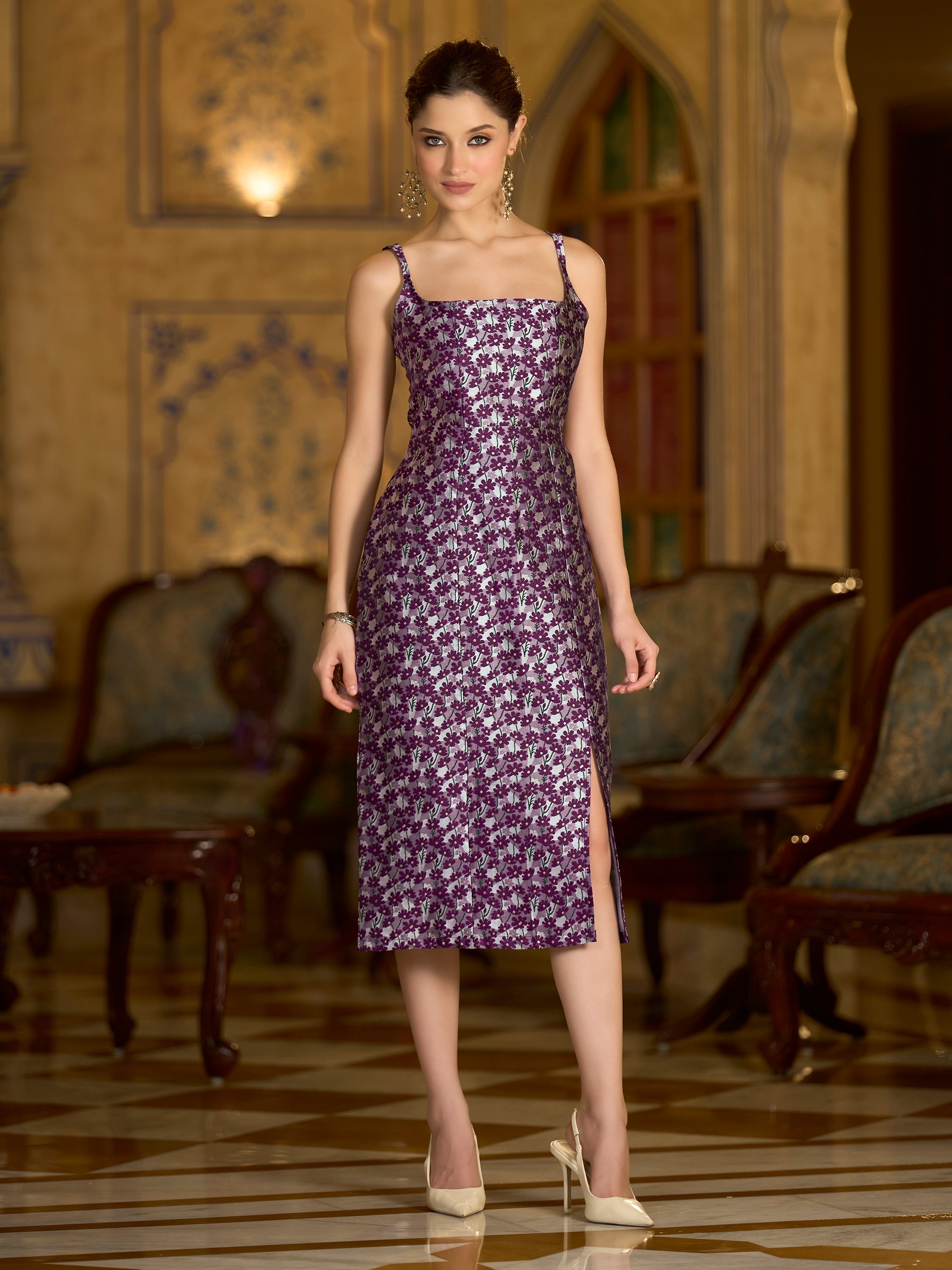 Monjolika Fashion Wine Floral Weaving Zari Jacquard Bodycon Midi Dress With Slit Cut