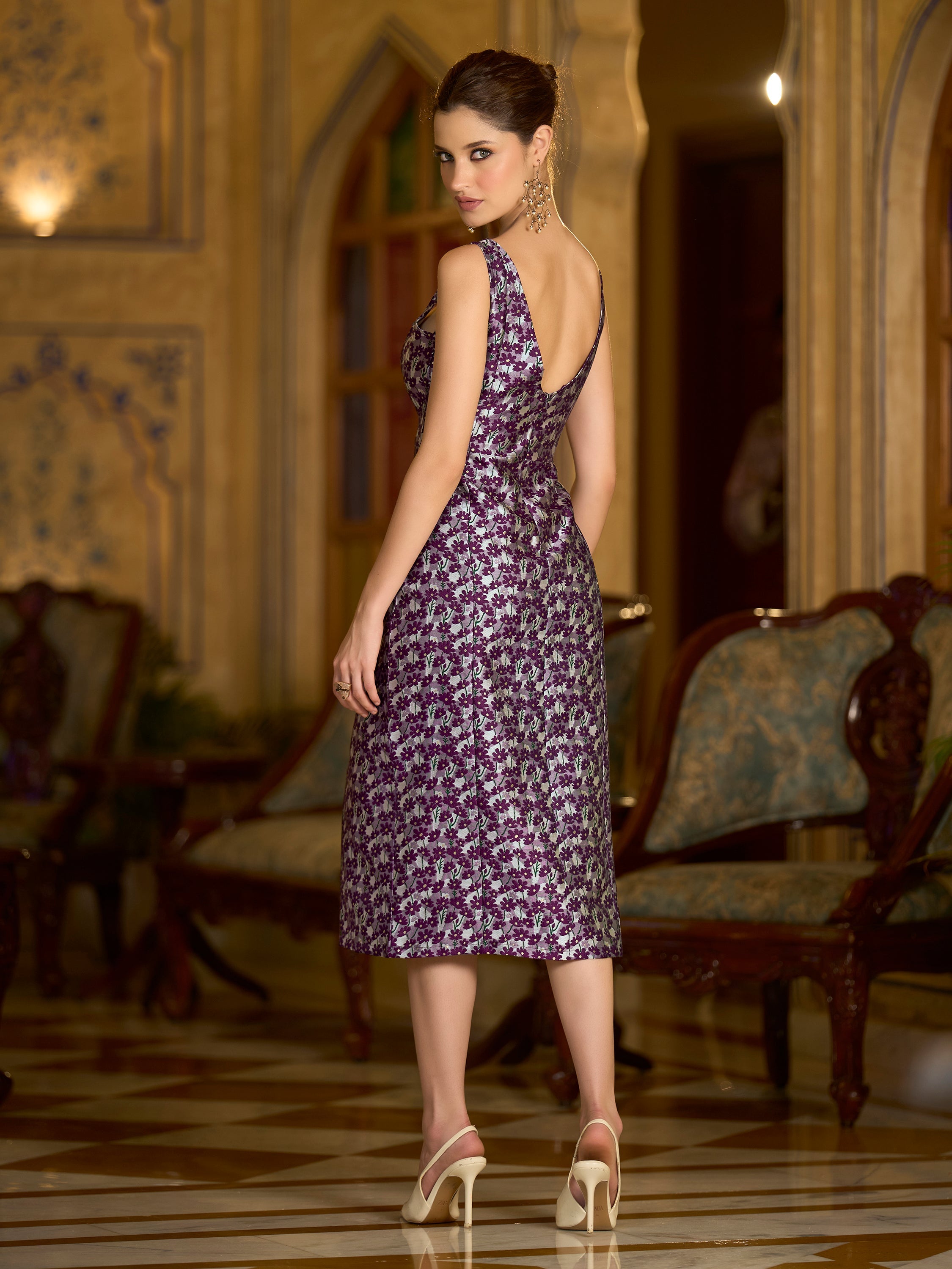 Monjolika Fashion Wine Floral Weaving Zari Jacquard Bodycon Midi Dress With Slit Cut