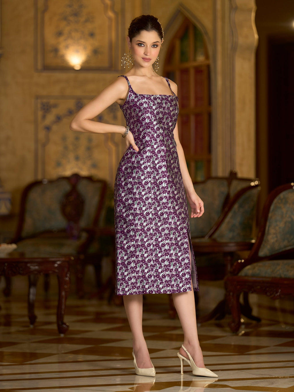 Monjolika Fashion Wine Floral Weaving Zari Jacquard Bodycon Midi Dress With Slit Cut
