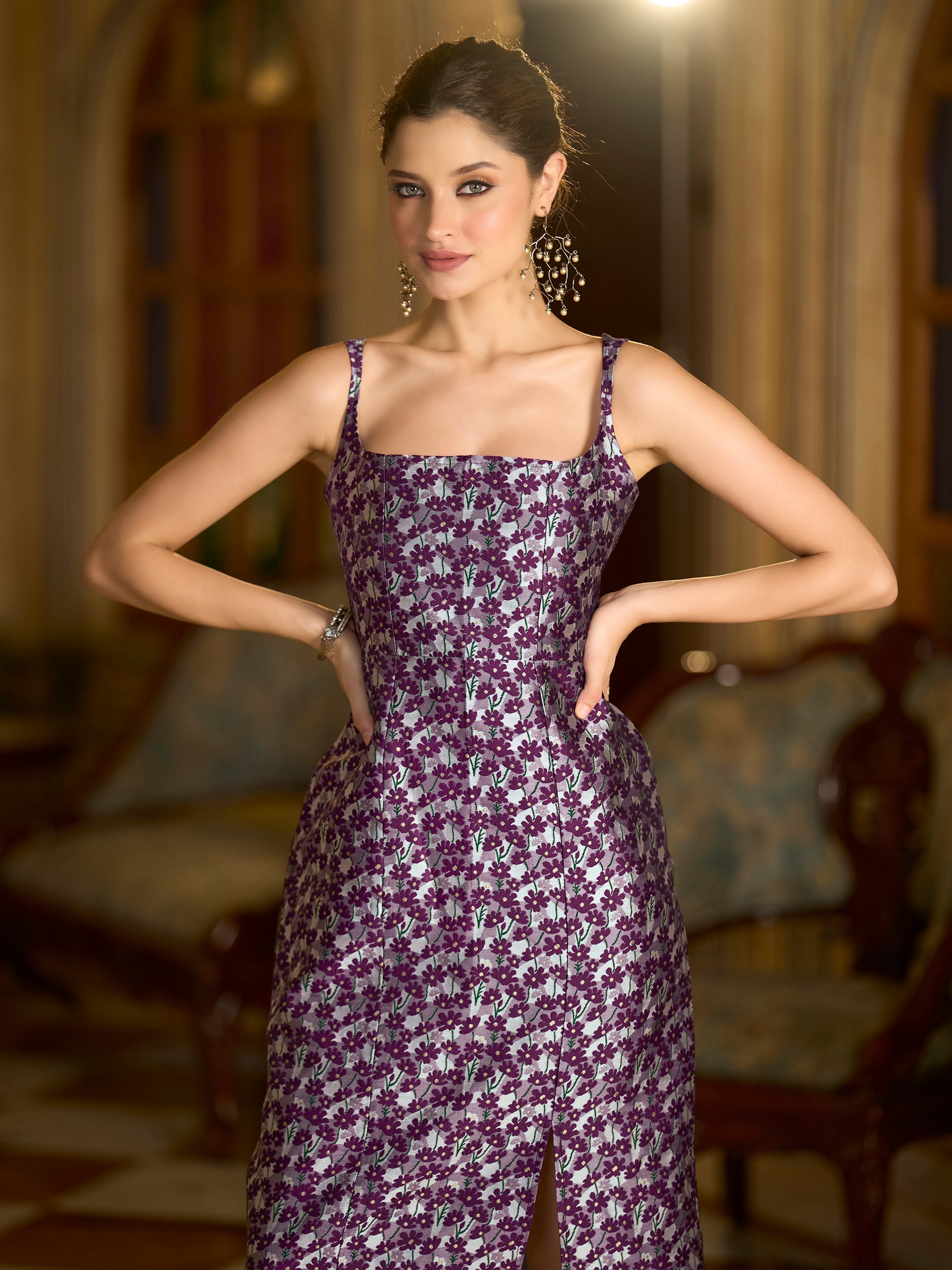 Monjolika Fashion Wine Floral Weaving Zari Jacquard Bodycon Midi Dress With Slit Cut