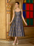 Monjolika Fashion Designer Navy Blue Jacquard Zari Woven A-Line Midi Dress