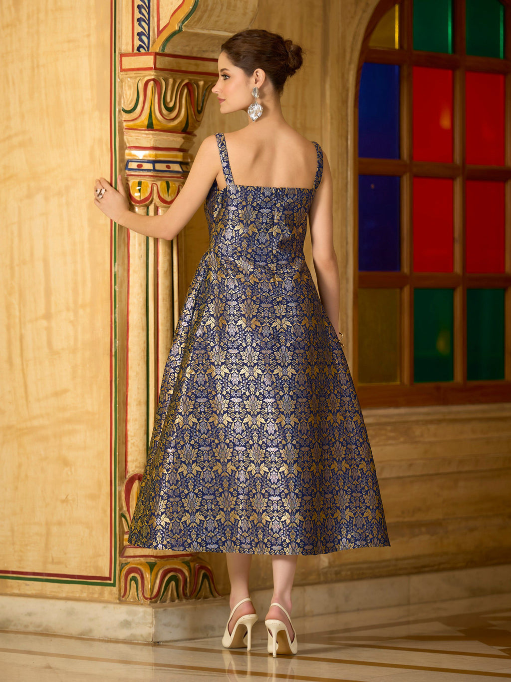 Monjolika Fashion Designer Navy Blue Jacquard Zari Woven A-Line Midi Dress