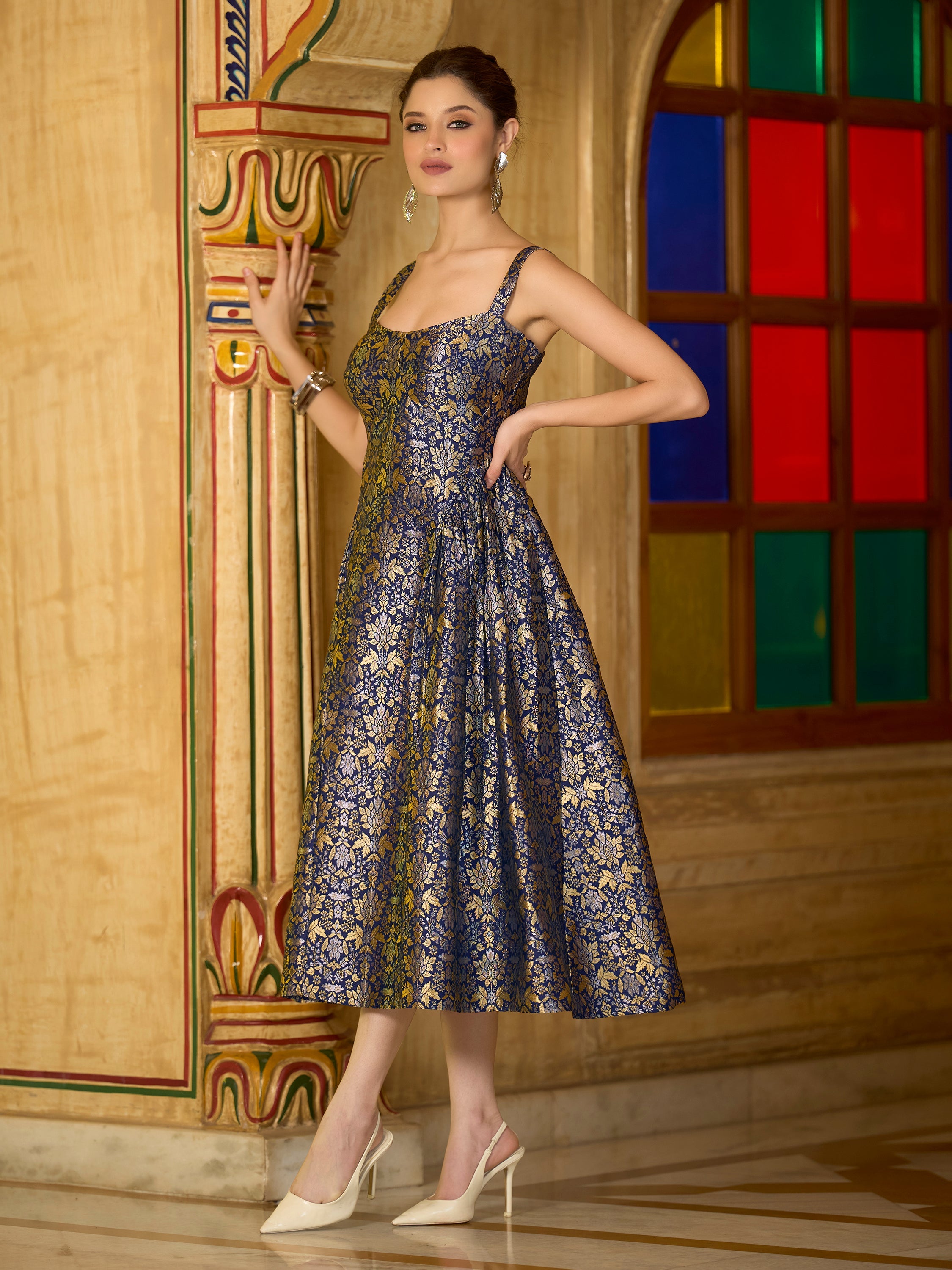Monjolika Fashion Designer Navy Blue Jacquard Zari Woven A-Line Midi Dress