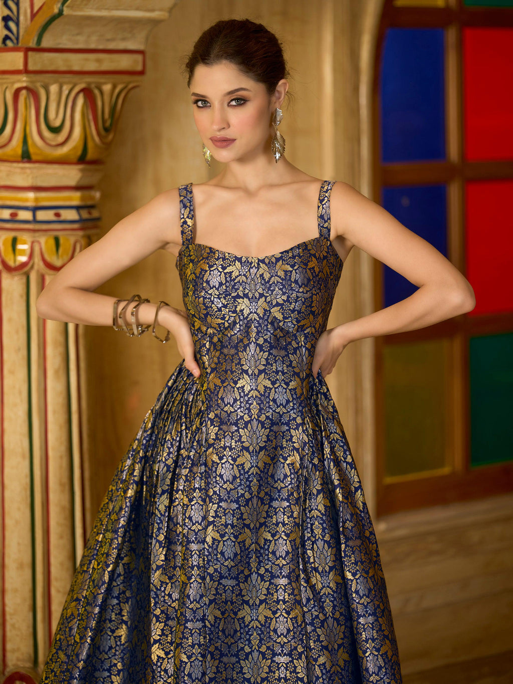 Monjolika Fashion Designer Navy Blue Jacquard Zari Woven A-Line Midi Dress