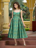 Monjolika Fashion Designer Teal Jacquard Zari Woven A-Line Midi Dress