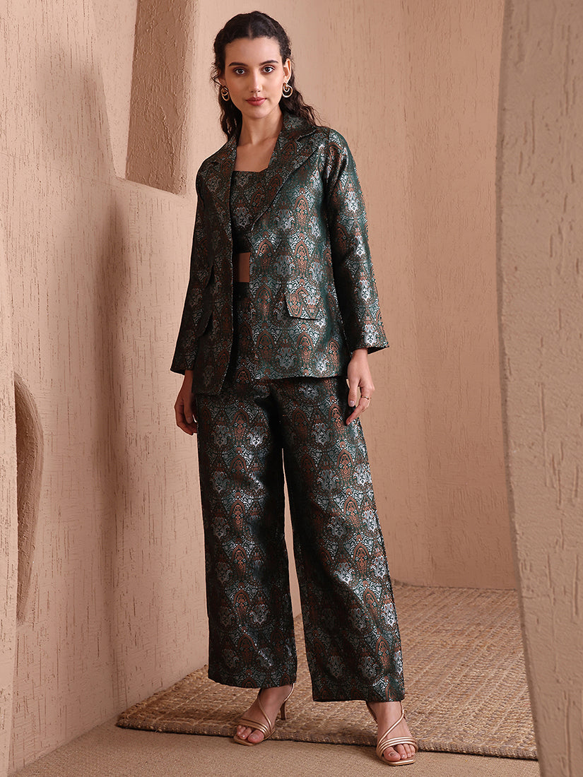 Monjolika Fashion Women's Green Banarasi Brocade Co-ord Set With Designer Blazer & Wide-Leg Pants