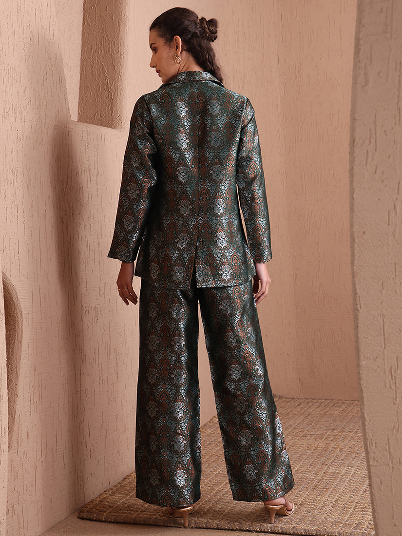 Monjolika Fashion Women's Green Banarasi Brocade Co-ord Set With Designer Blazer & Wide-Leg Pants