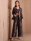 Monjolika Fashion Women's Black Banarasi Brocade Co-ord Set With Designer Blazer & Wide-Leg Pants