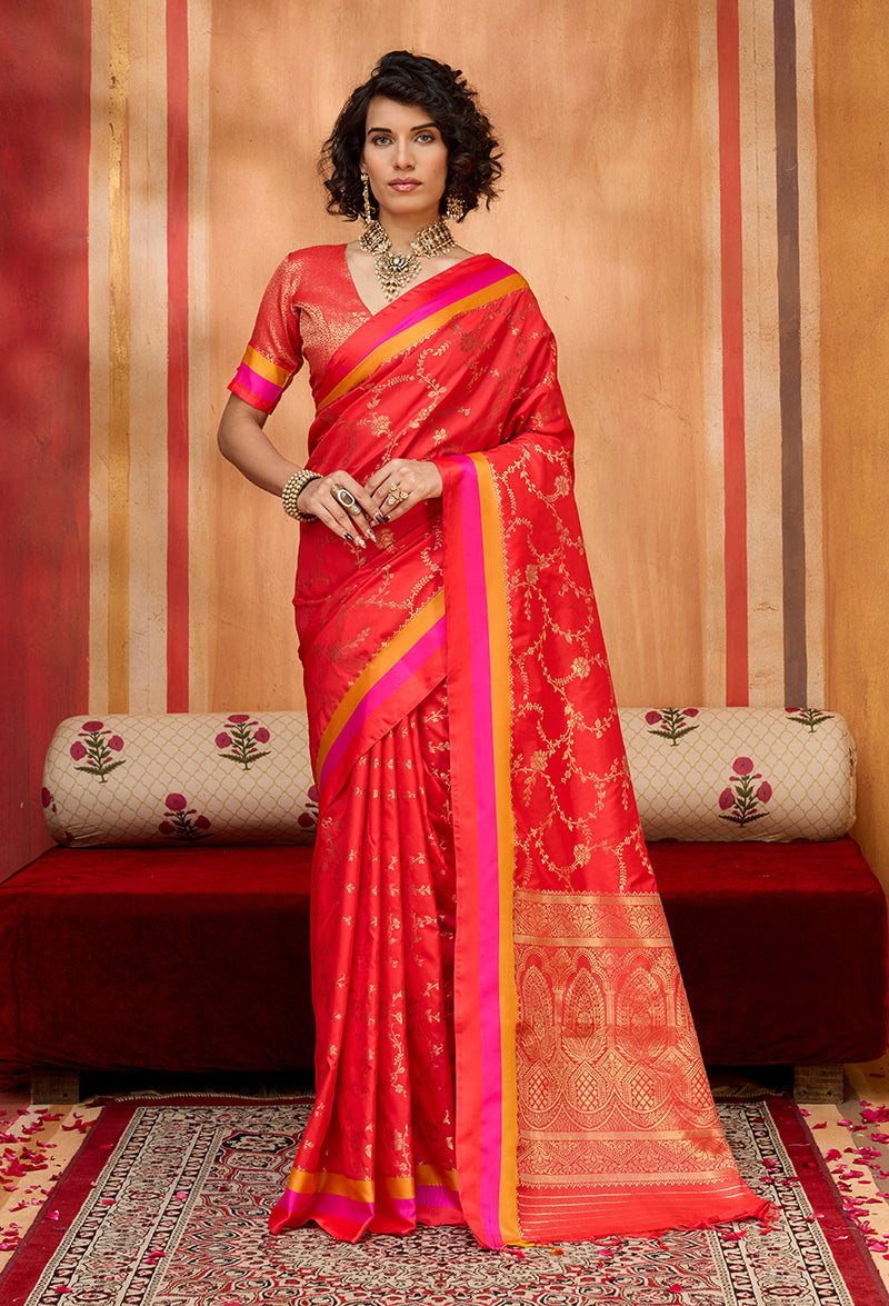 Monjolika Fashion Red Weaving Satin Silk Blend Festival Trendy Saree