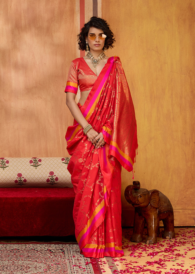 Monjolika Fashion Red Weaving Satin Silk Blend Festival Trendy Saree