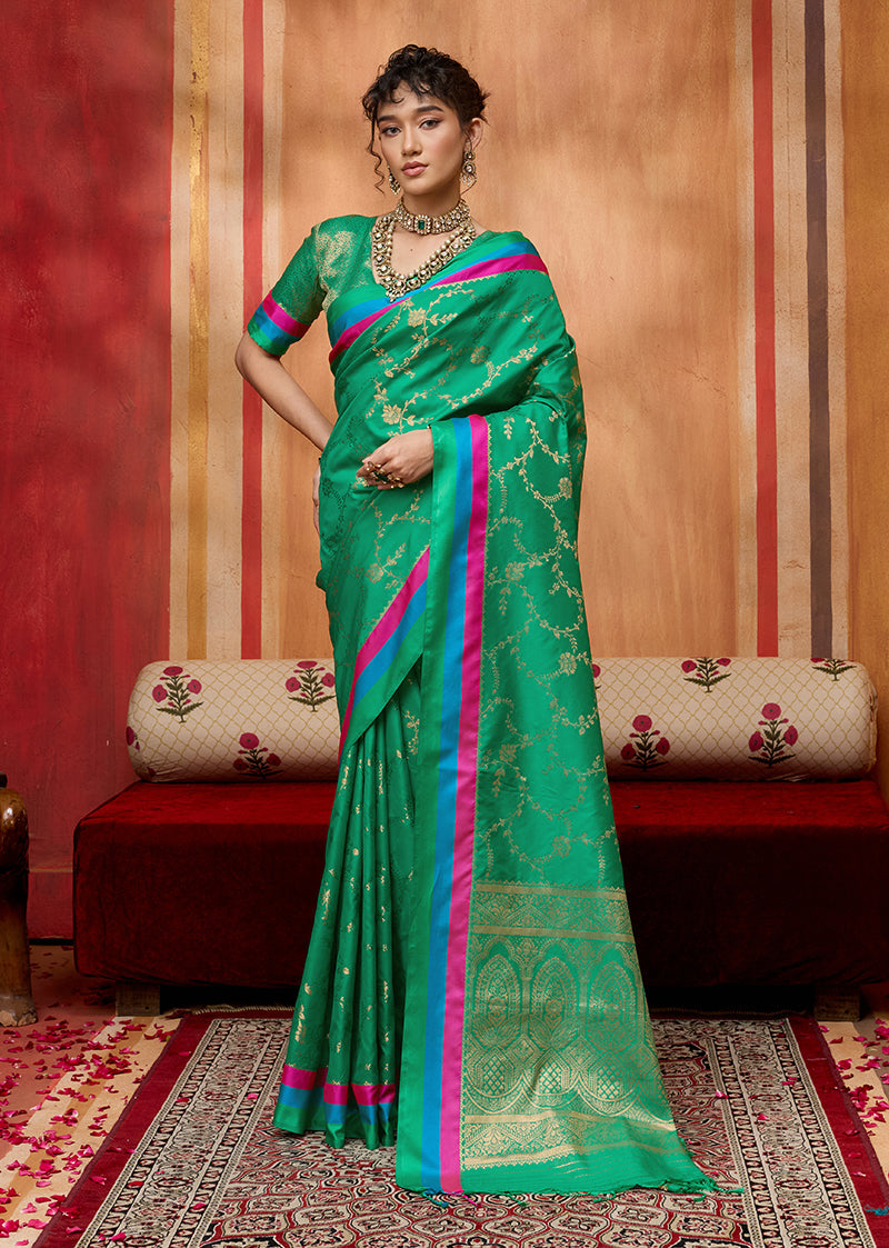 Monjolika Fashion Sea Green Weaving Satin Silk Blend Festival Trendy Saree