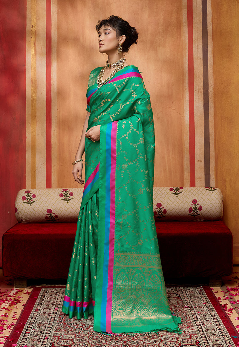 Monjolika Fashion Sea Green Weaving Satin Silk Blend Festival Trendy Saree