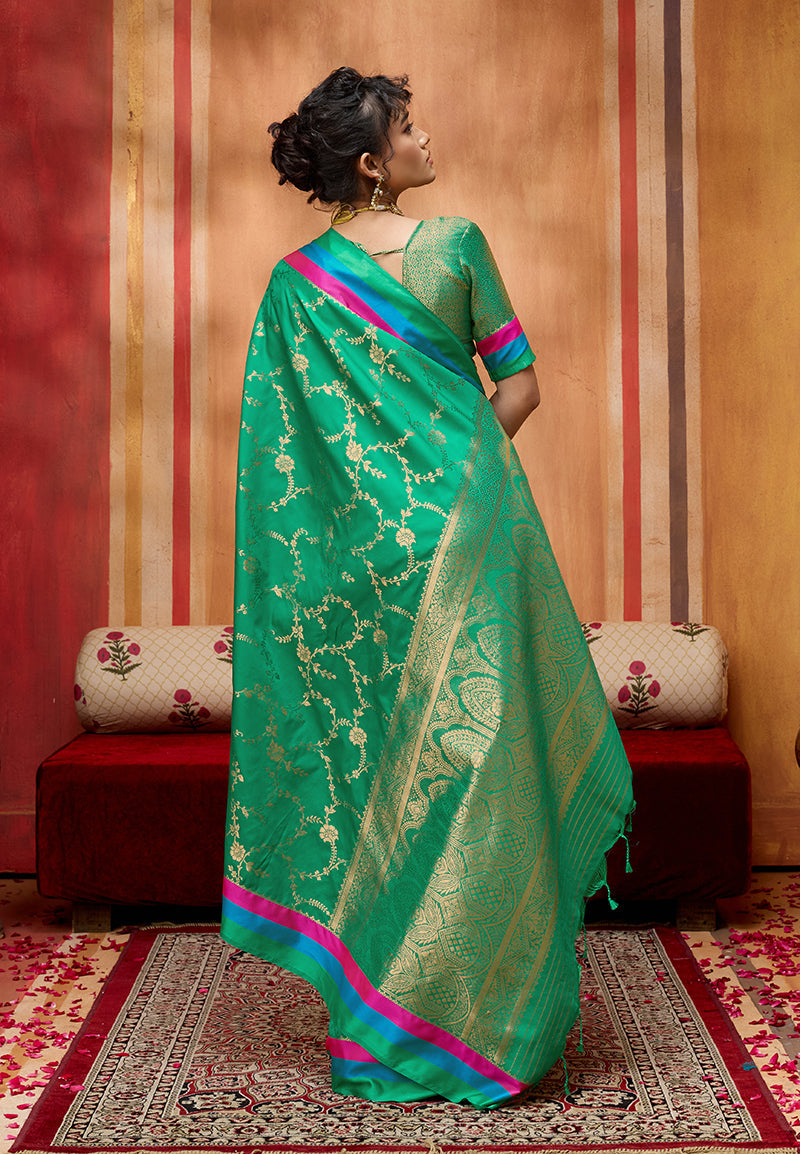 Monjolika Fashion Sea Green Weaving Satin Silk Blend Festival Trendy Saree