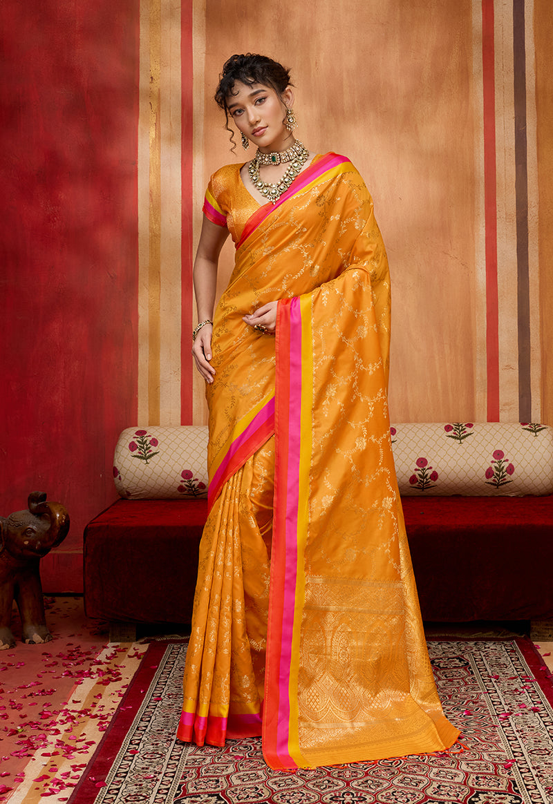 Monjolika Fashion Orange Weaving Satin Silk Blend Festival Trendy Saree