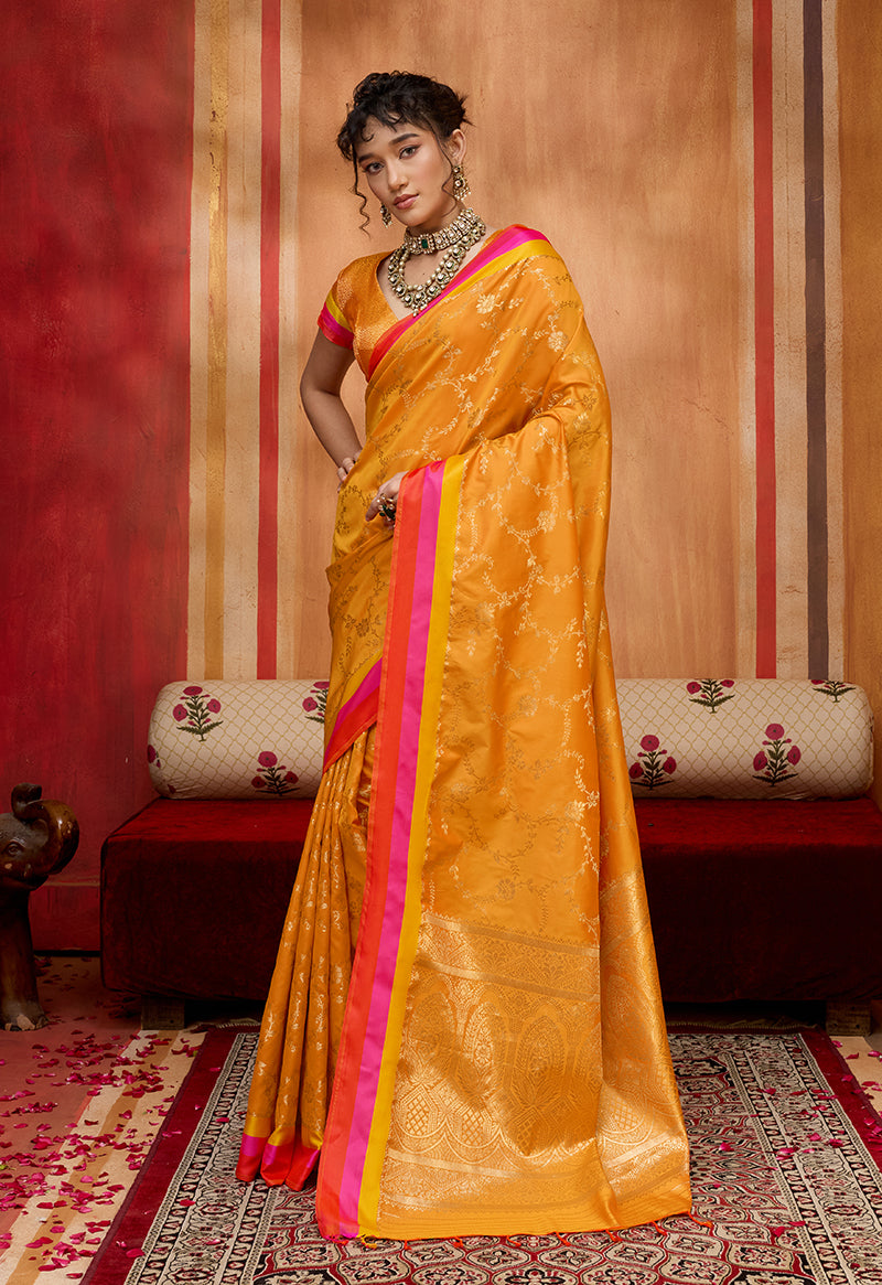 Monjolika Fashion Orange Weaving Satin Silk Blend Festival Trendy Saree