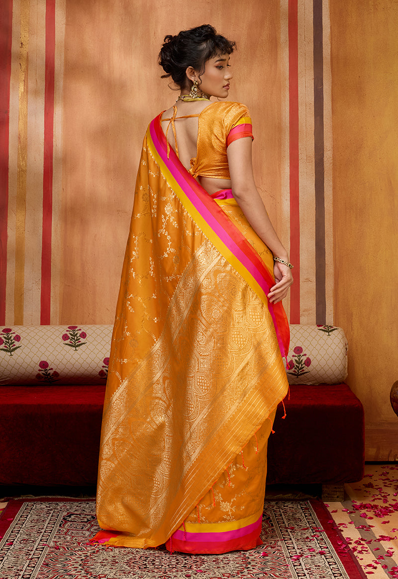 Monjolika Fashion Orange Weaving Satin Silk Blend Festival Trendy Saree