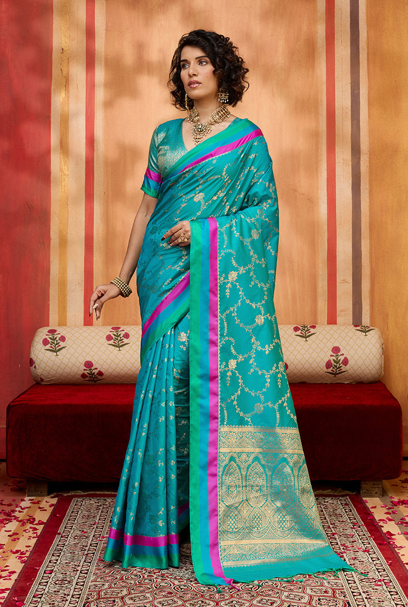 Monjolika Fashion Aqua Blue Weaving Satin Silk Blend Festival Trendy Saree