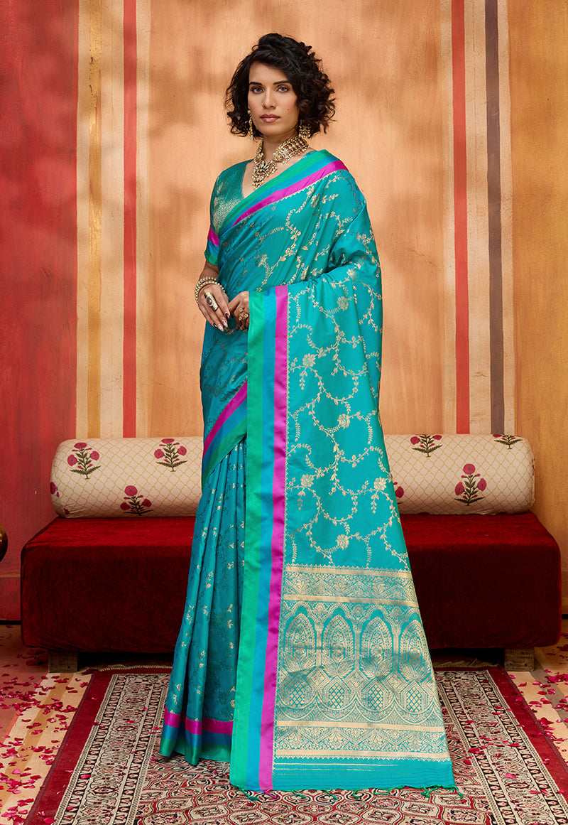 Monjolika Fashion Aqua Blue Weaving Satin Silk Blend Festival Trendy Saree