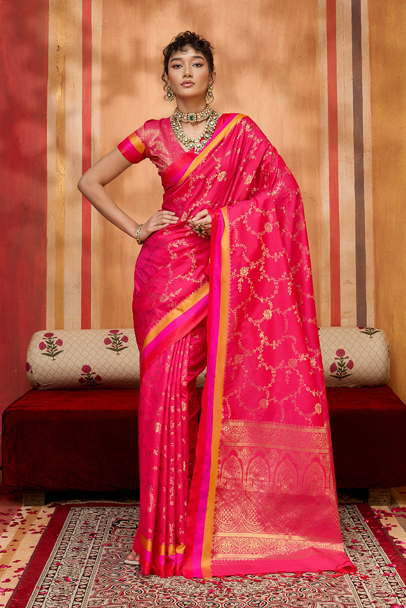 Monjolika Fashion Rani Pink Weaving Satin Silk Blend Festival Trendy Saree