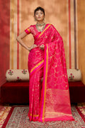 Monjolika Fashion Rani Pink Weaving Satin Silk Blend Festival Trendy Saree