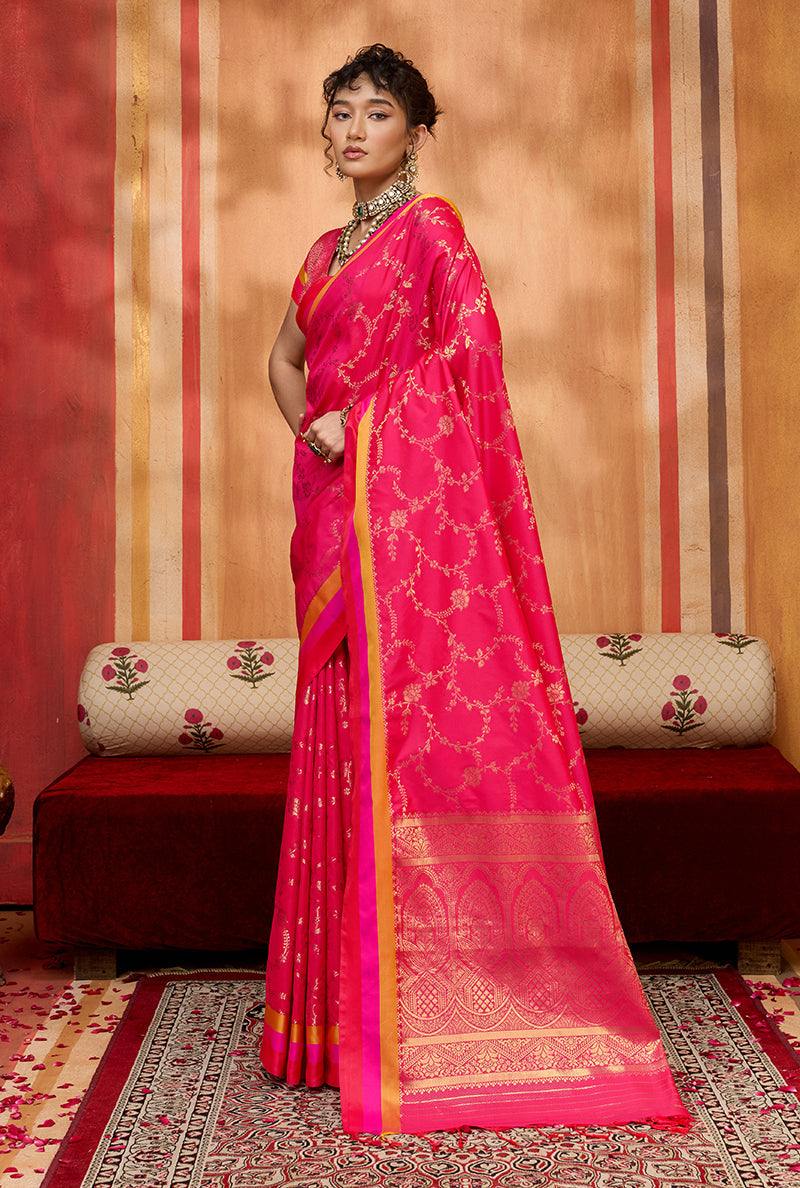 Monjolika Fashion Rani Pink Weaving Satin Silk Blend Festival Trendy Saree