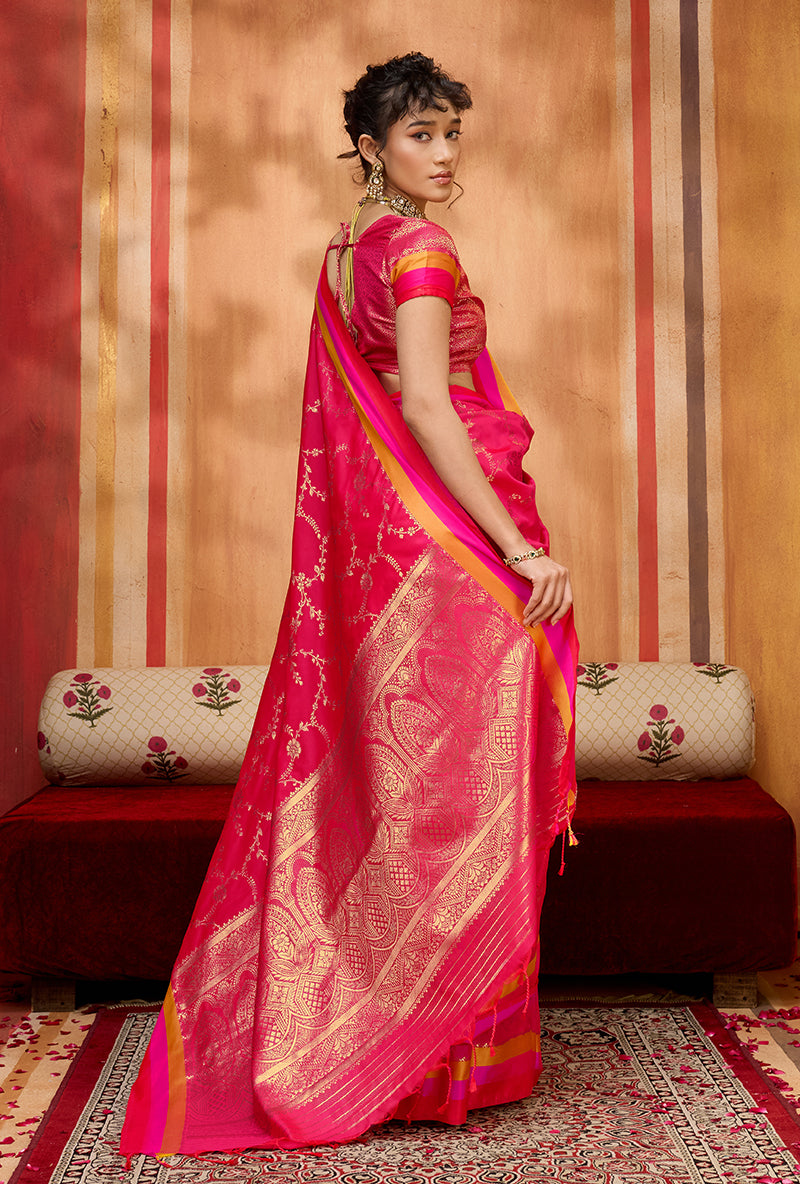 Monjolika Fashion Rani Pink Weaving Satin Silk Blend Festival Trendy Saree
